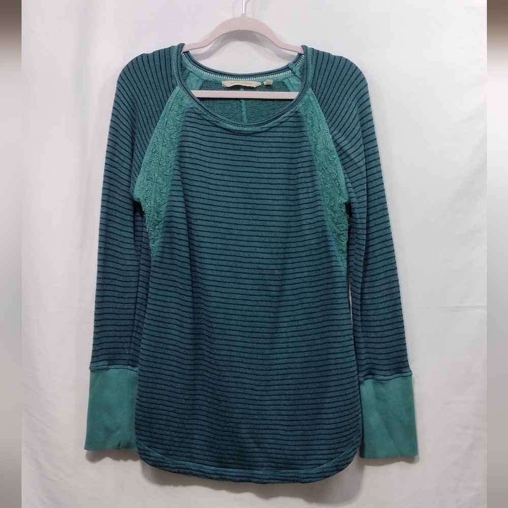 Soft Surroundings Stripped Lace Pull Over Shirt Women M Green Black Boho 90s Y2K